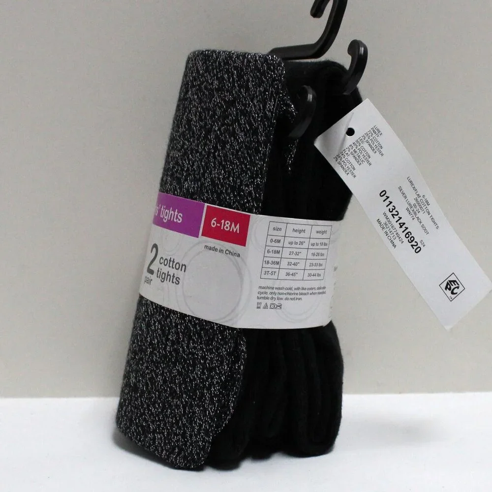 NWT 2 Pair 6-18M Wonder Nation Toddler Girls' Tights-1 Silver Lurex 1 Black